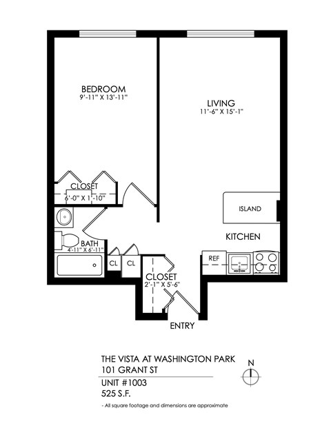 Floor plan for 1 bed, 1 bath, 520 sqft